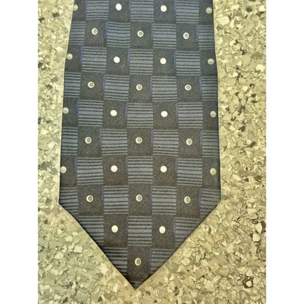 Vintage DiMoggio‎ Hand Made Pure Silk Tie Black Gray Blue Geometric Dot Print